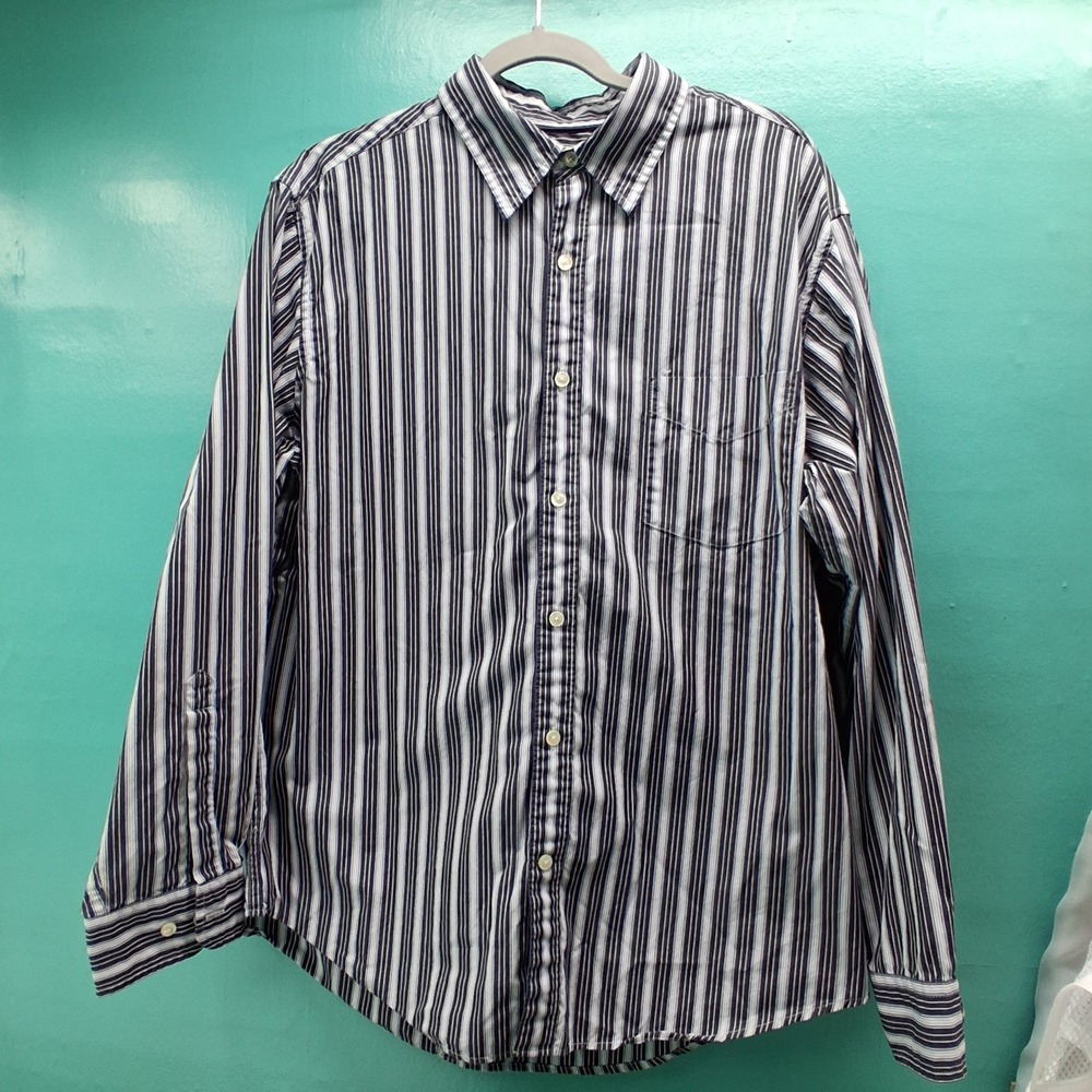 St. John's Bay Button Down Shirt Large Blue Striped 80s 2-Ply Cotton Long Sleeve